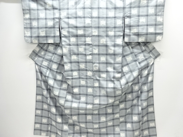 格子に糸巻織り出し手織り紬着物